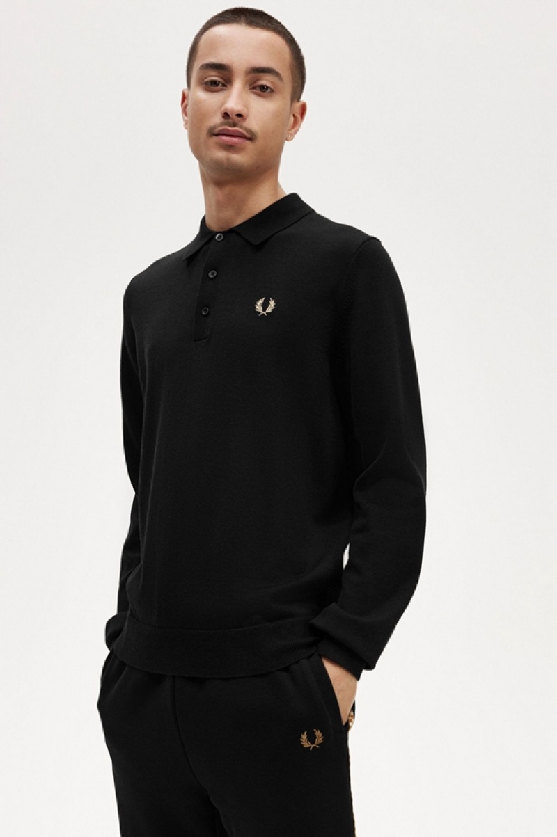 Fred Perry Long Sleeve Knitted Men's Shirts Black | UWG-481705