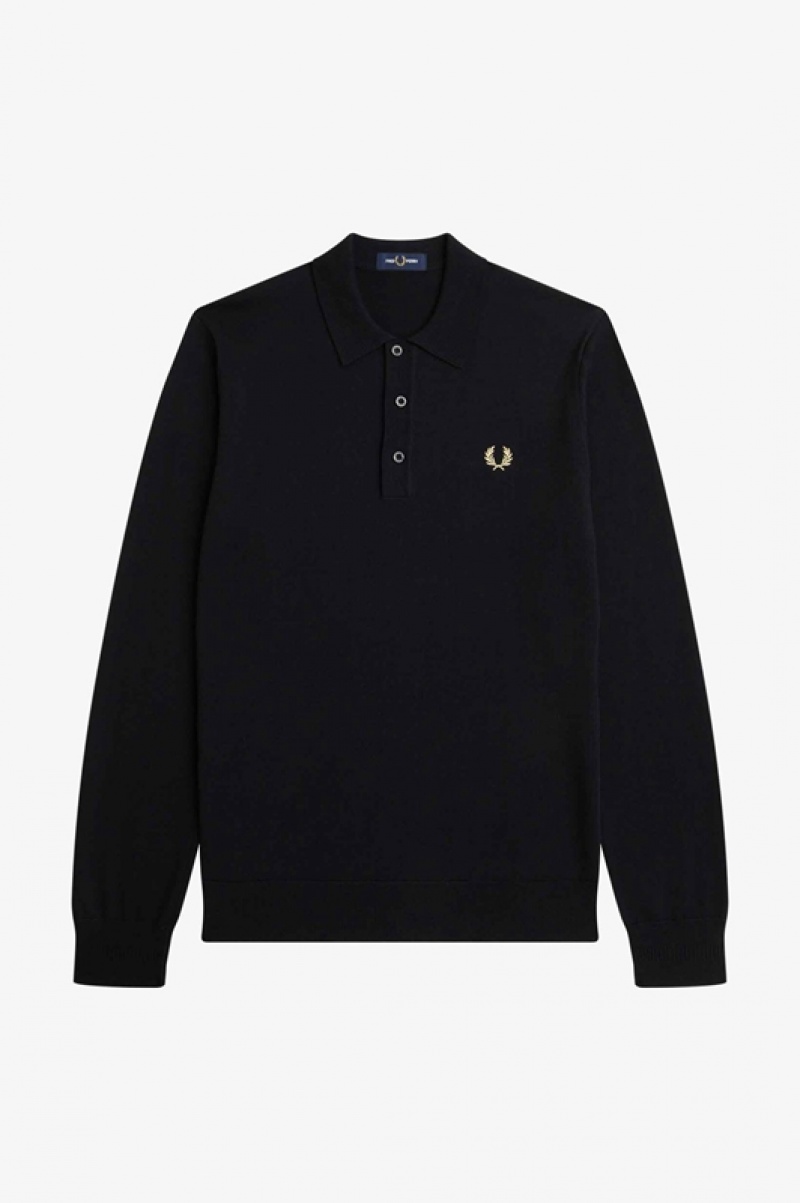 Fred Perry Long Sleeve Knitted Men's Shirts Black | UWG-481705