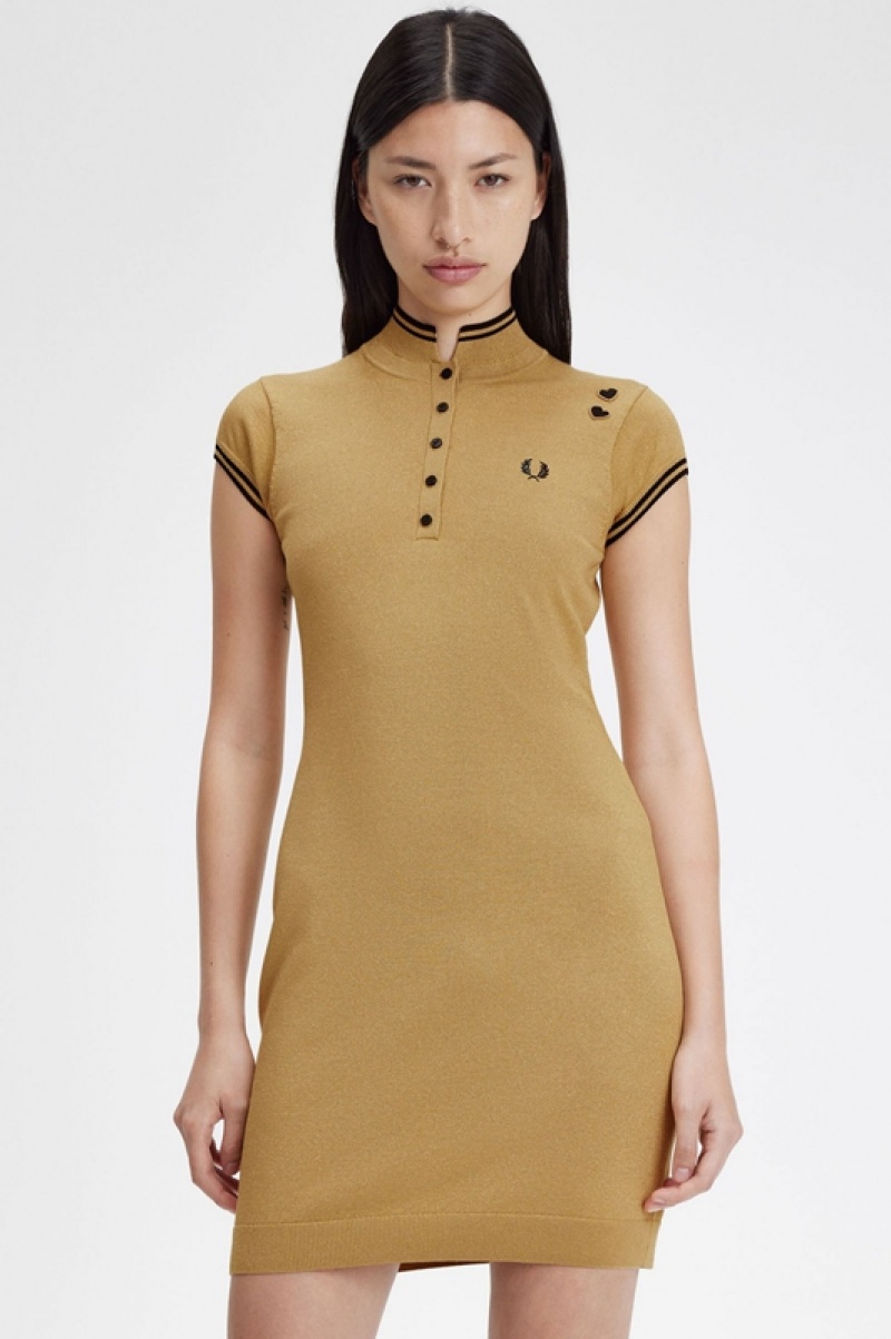 Fred Perry Metallic Knitted Women's Dress Gold | IWP-875901