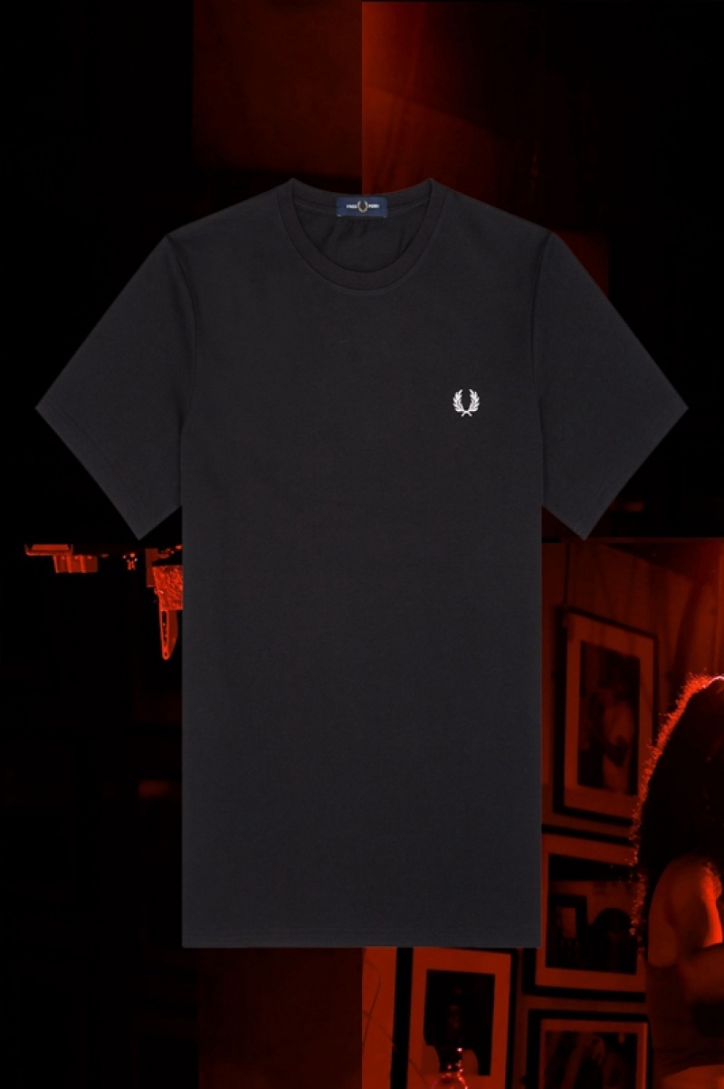 Fred Perry Munich Ringer Men's T Shirts Black | NCY-218405