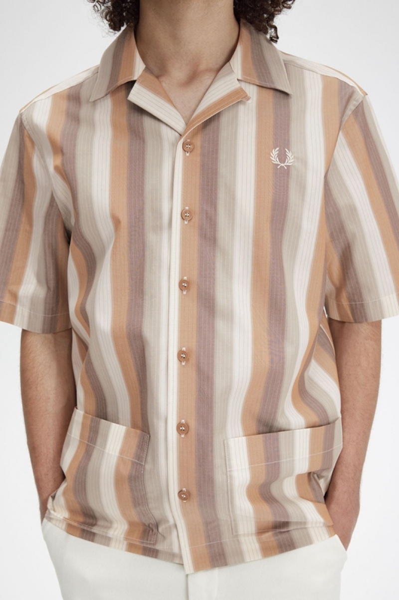 Fred Perry Ombre Stripe Revere Collar Men's Shirts Brown | RED-310726