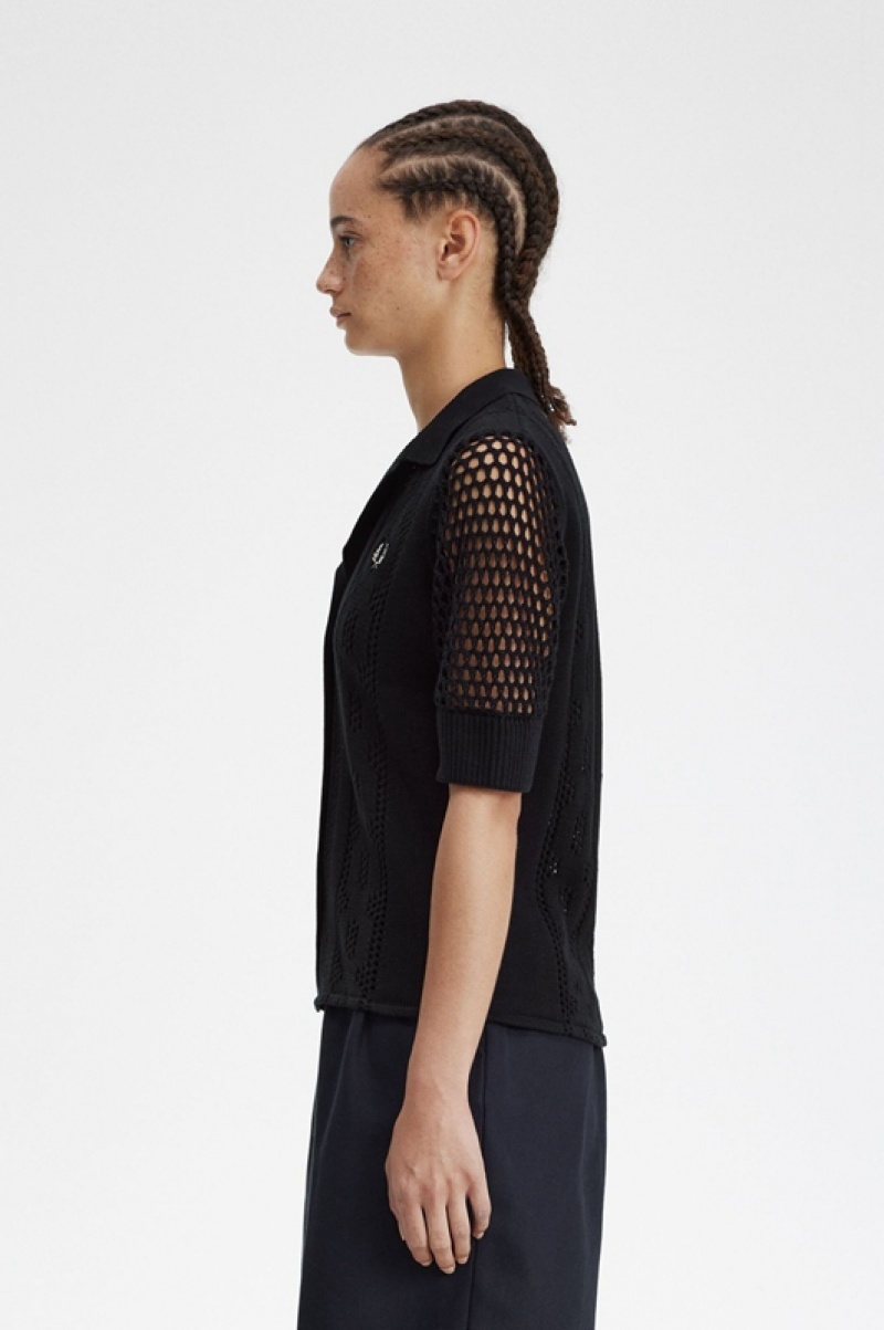 Fred Perry Open-Knit Button-Through Women's Shirts Black | GKF-975218