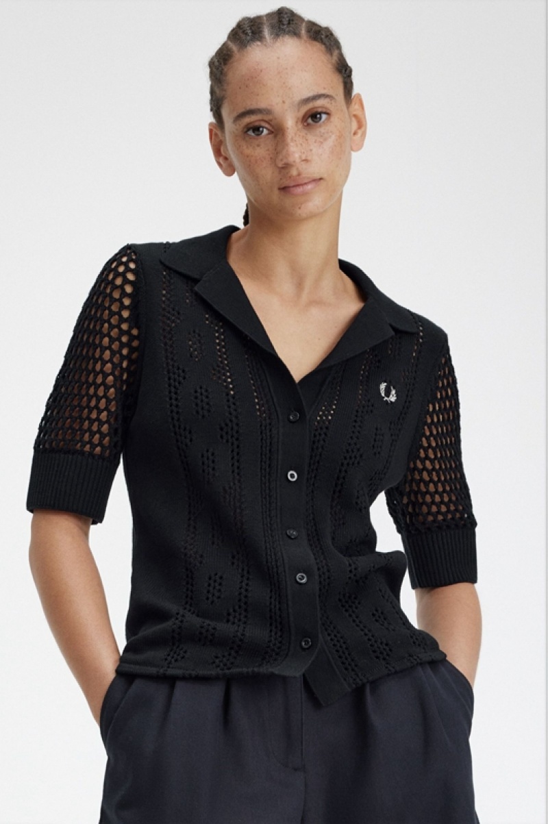 Fred Perry Open-Knit Button-Through Women's Shirts Black | GKF-975218