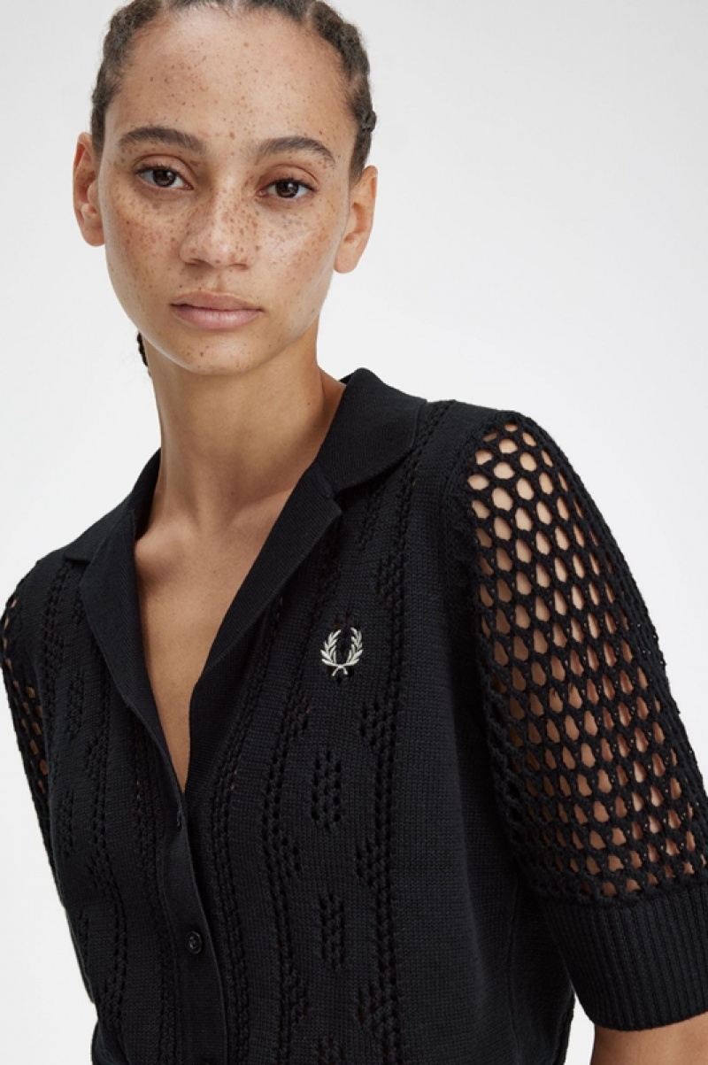 Fred Perry Open-Knit Button-Through Women's Shirts Black | GKF-975218