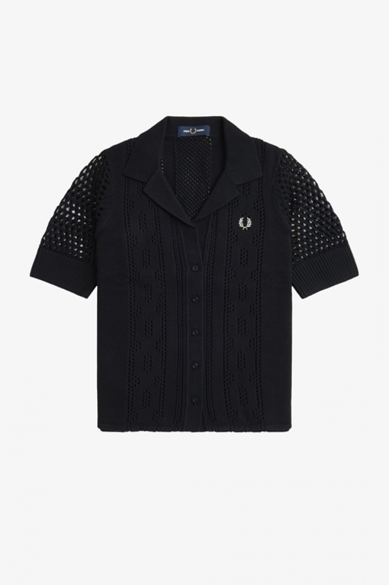 Fred Perry Open-Knit Button-Through Women's Shirts Black | GKF-975218