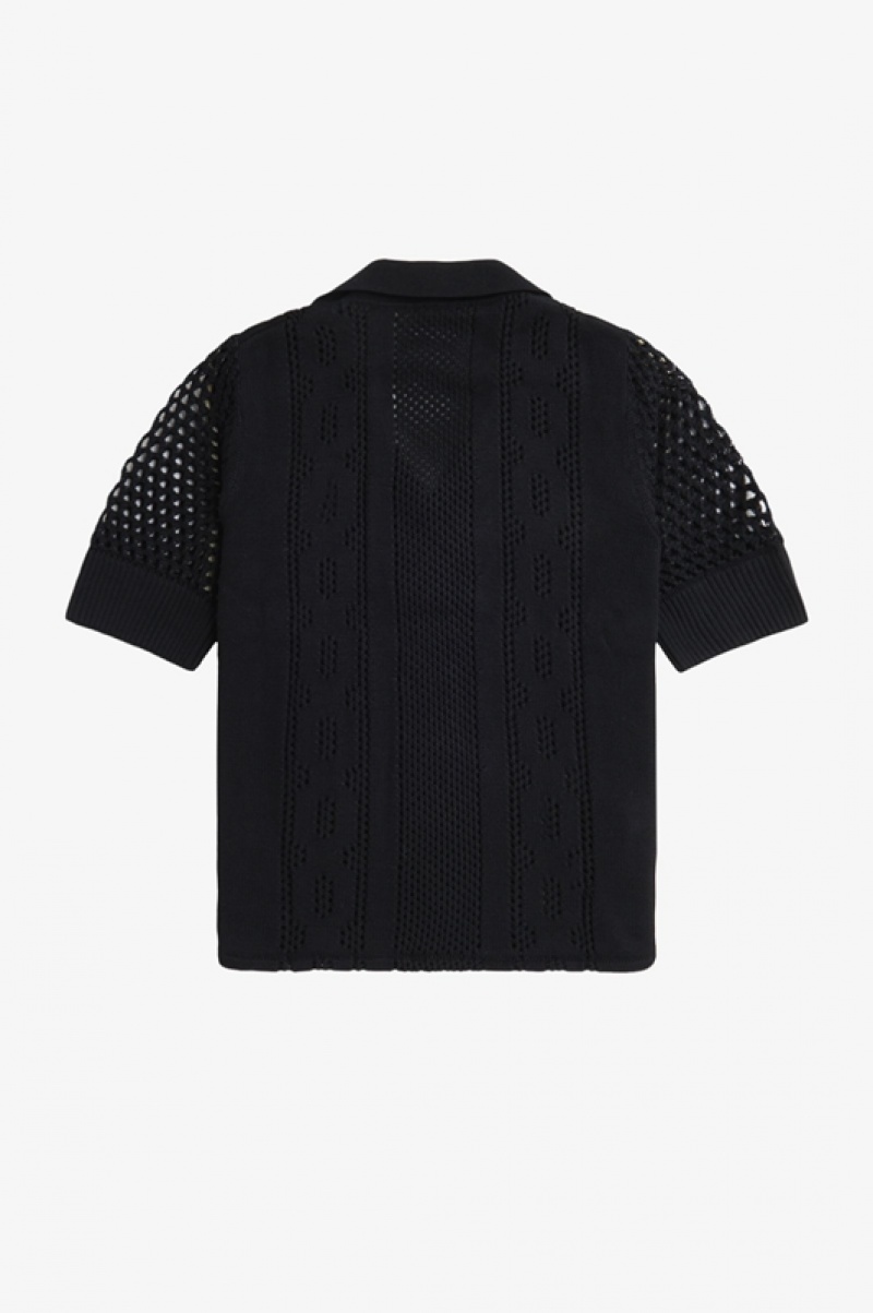 Fred Perry Open-Knit Button-Through Women's Shirts Black | GKF-975218