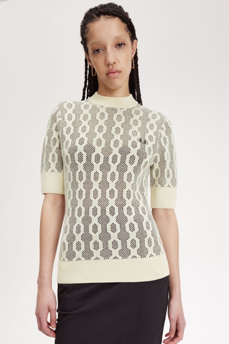 Fred Perry Open-Knit Short Sleeve Women's Sweaters Beige | DTF-682910