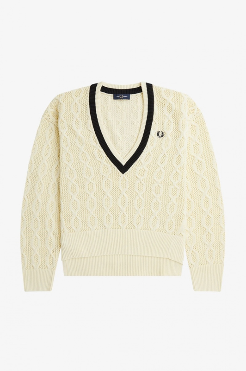 Fred Perry Open-Knit V-Neck Women's Sweaters Cream | KNW-167843