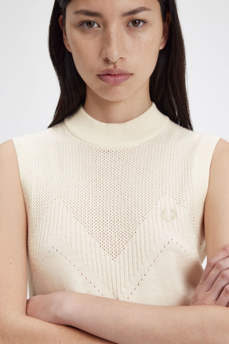 Fred Perry Pointelle Detail Knitted Women's Tops Cream | YWE-912036