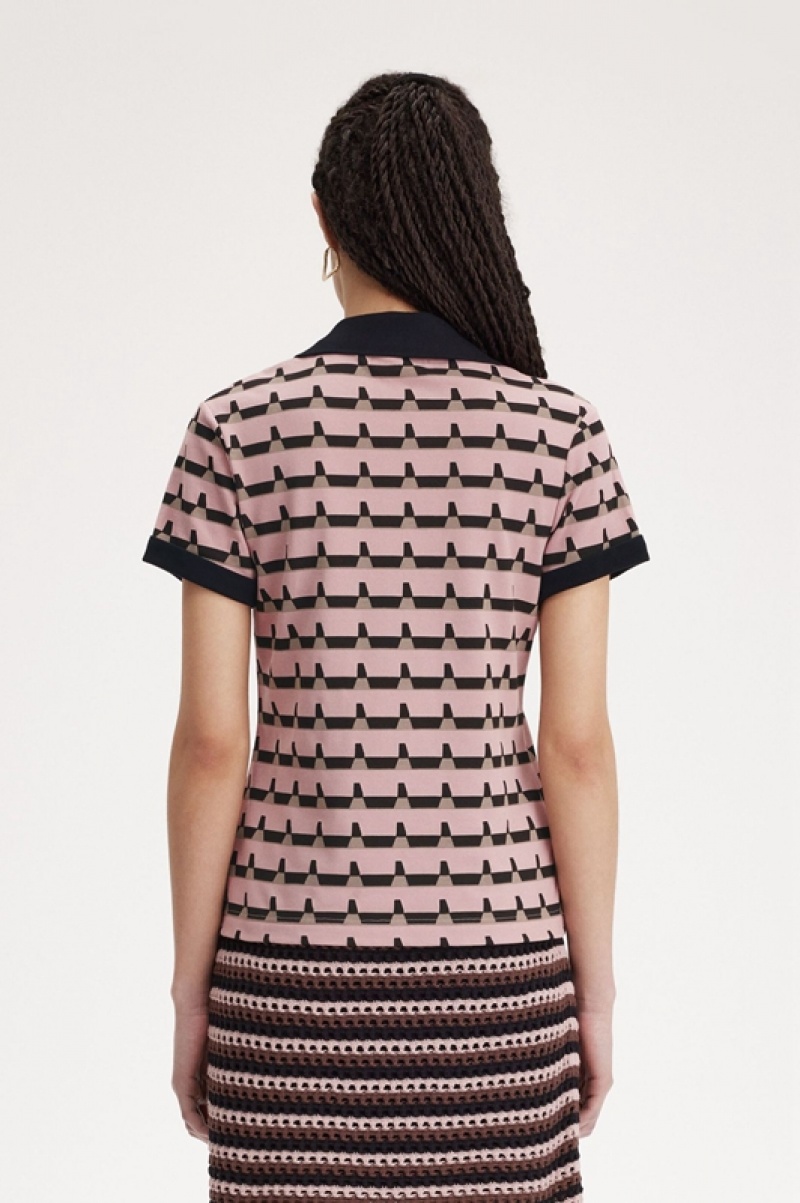 Fred Perry Printed Women's Polo Shirts Rose Pink | JEW-891653