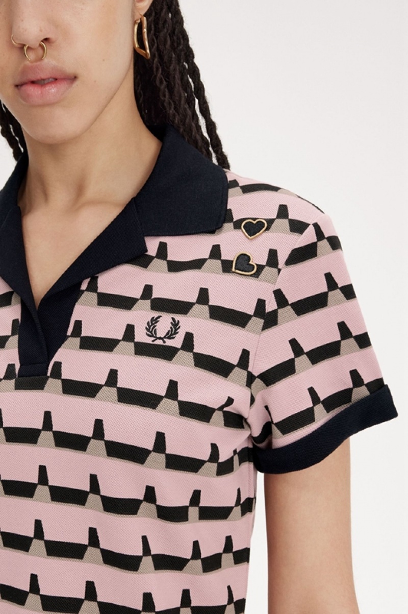 Fred Perry Printed Women's Polo Shirts Rose Pink | JEW-891653