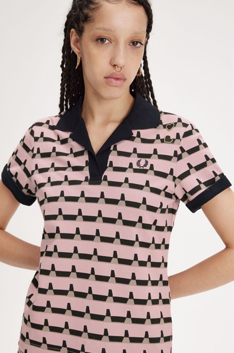 Fred Perry Printed Women's Polo Shirts Rose Pink | JEW-891653