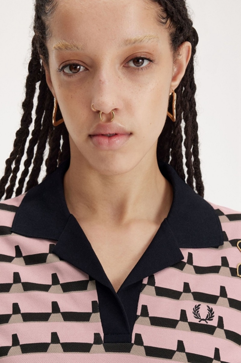 Fred Perry Printed Women's Polo Shirts Rose Pink | JEW-891653