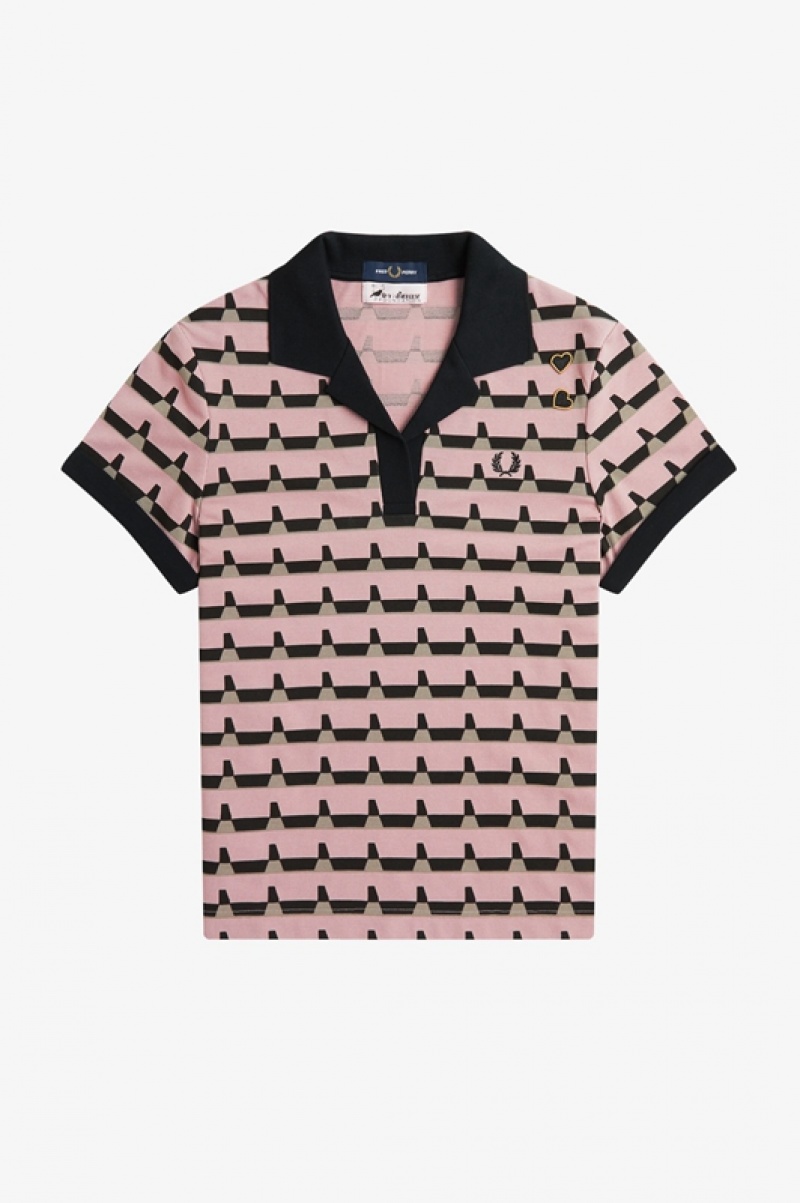 Fred Perry Printed Women's Polo Shirts Rose Pink | JEW-891653