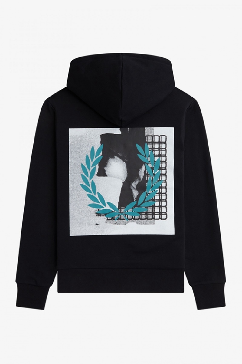 Fred Perry Rave Graphic Hooded Men's Sweatshirts Black | LUE-203487