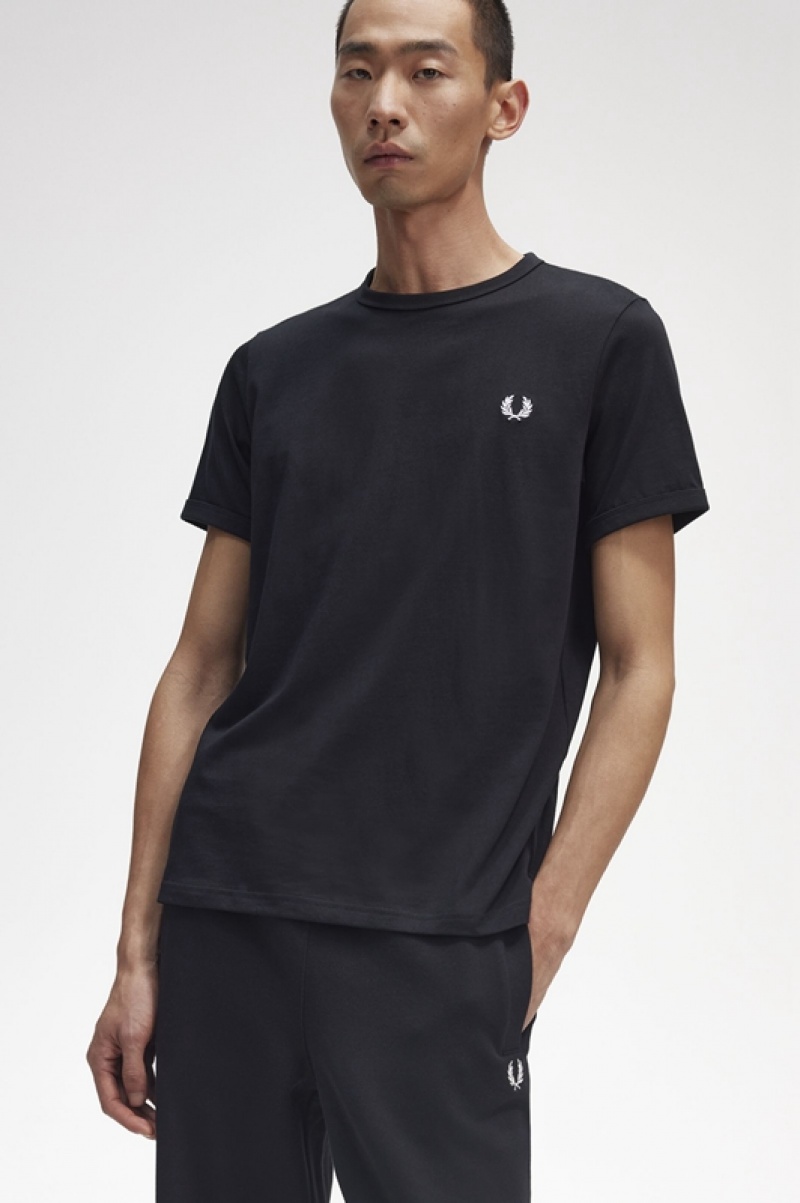 Fred Perry Ringer Men's T Shirts Black | CKX-671834