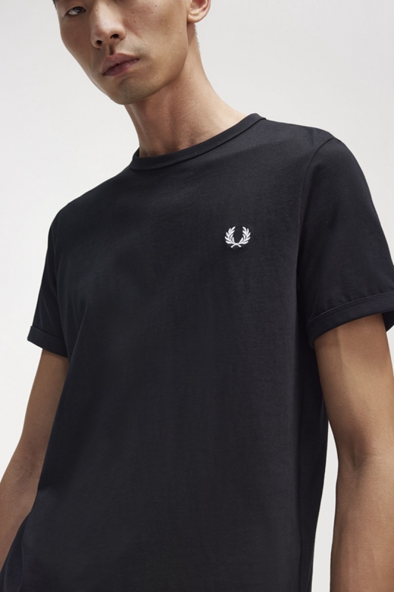 Fred Perry Ringer Men's T Shirts Black | CKX-671834