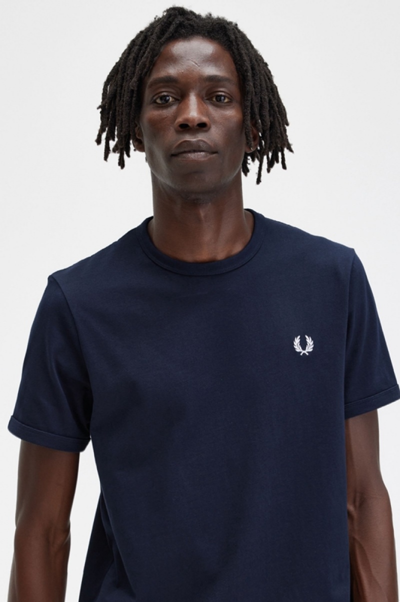 Fred Perry Ringer Men's T Shirts Navy | AKC-170653