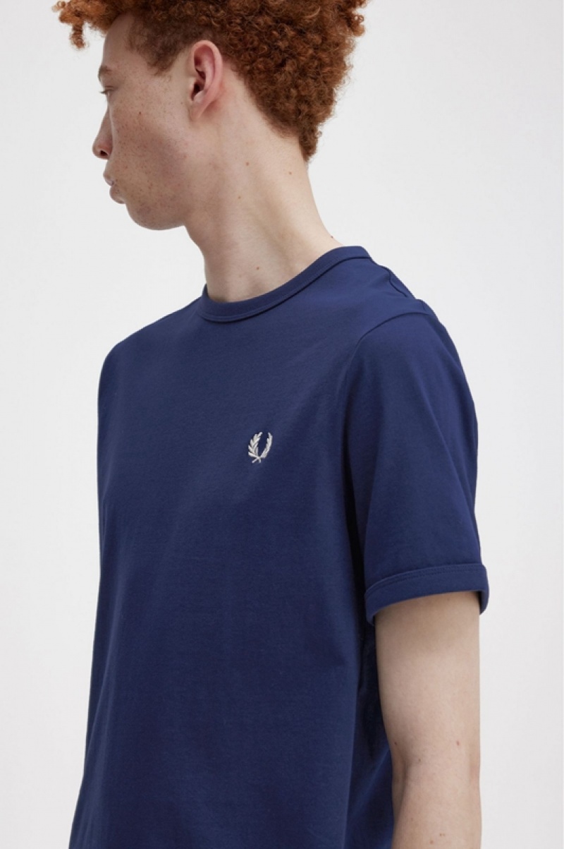 Fred Perry Ringer Men's T Shirts Navy | UWT-806753