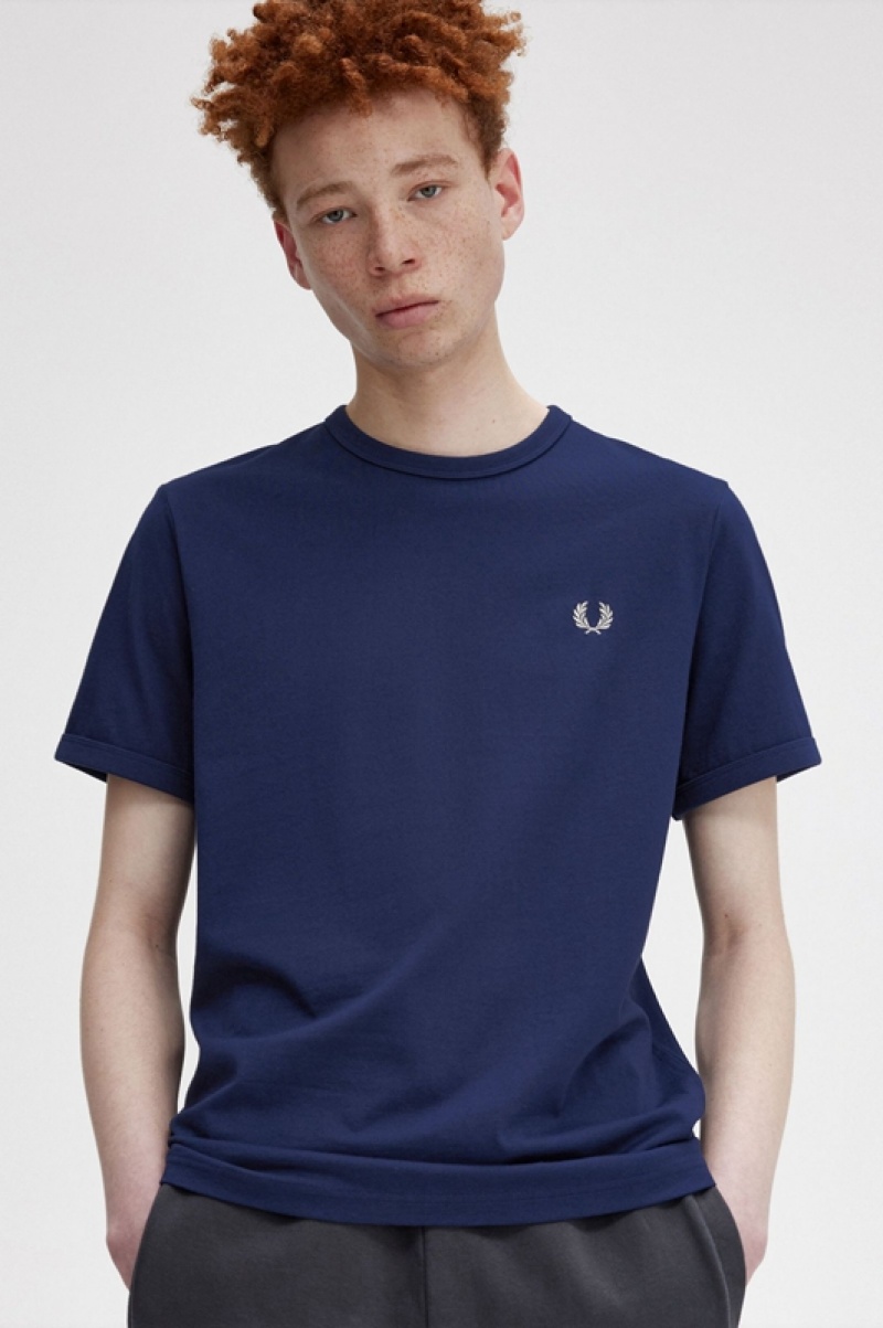 Fred Perry Ringer Men's T Shirts Navy | UWT-806753