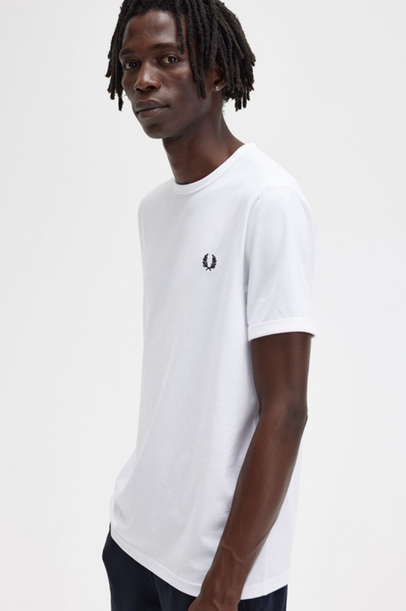 Fred Perry Ringer Men's T Shirts White | ARK-183260