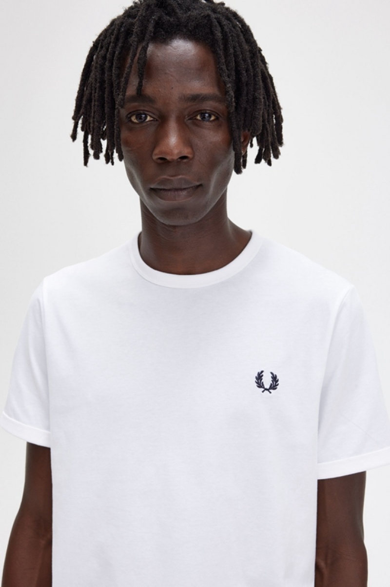 Fred Perry Ringer Men's T Shirts White | ARK-183260