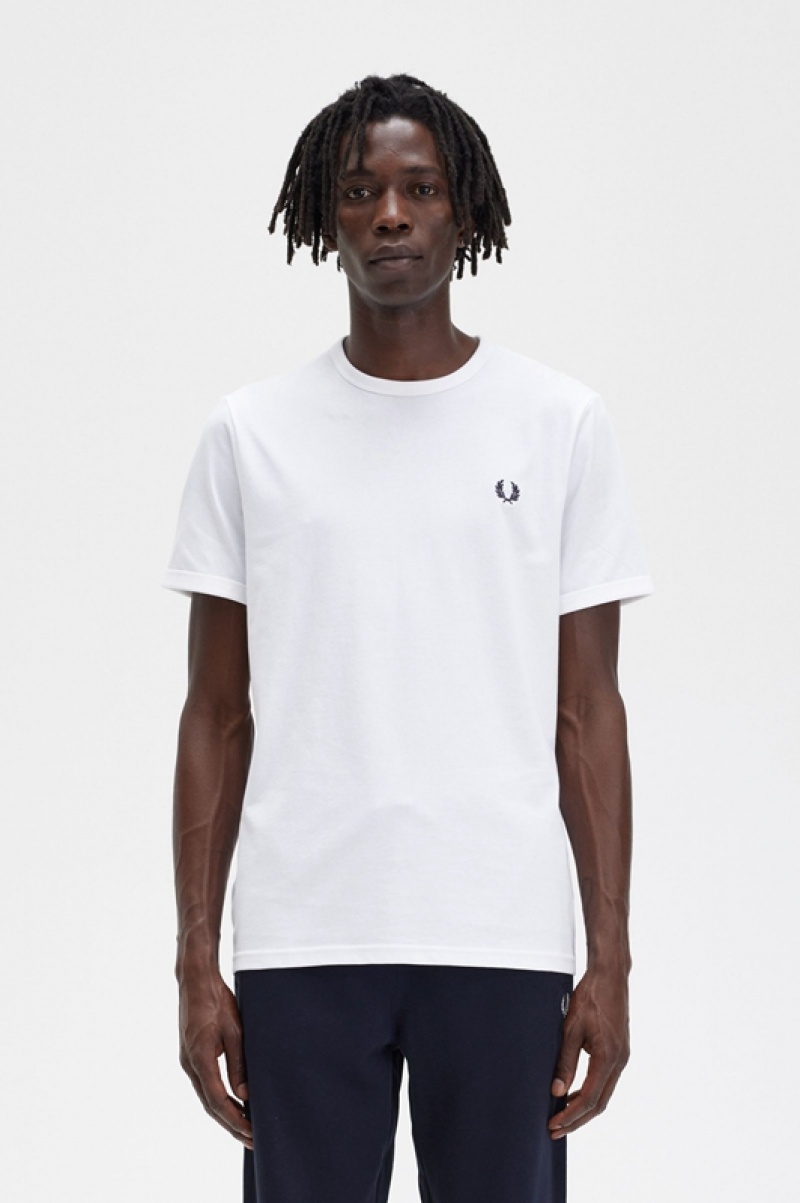 Fred Perry Ringer Men\'s T Shirts White | ARK-183260