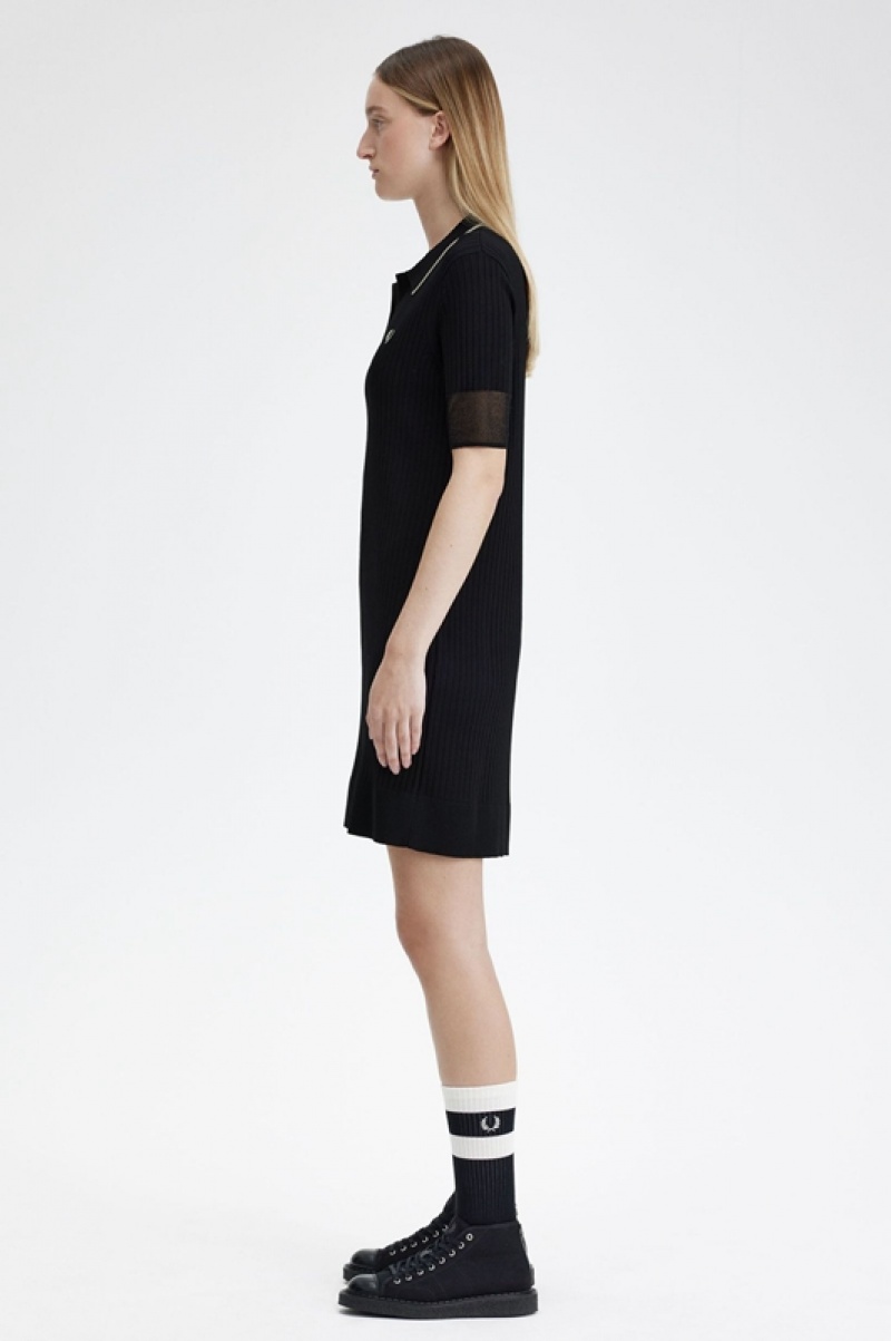 Fred Perry Sheer Trim Knitted Women's Dress Black | WXR-892103