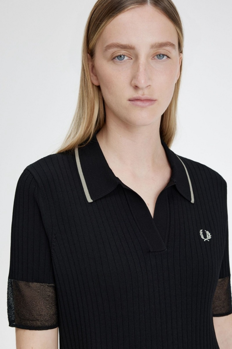 Fred Perry Sheer Trim Knitted Women's Dress Black | WXR-892103