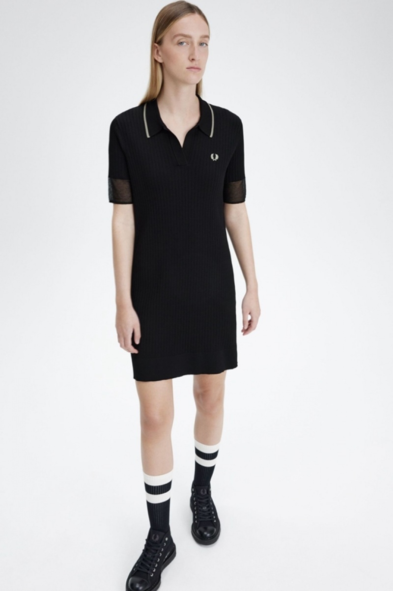 Fred Perry Sheer Trim Knitted Women's Dress Black | WXR-892103