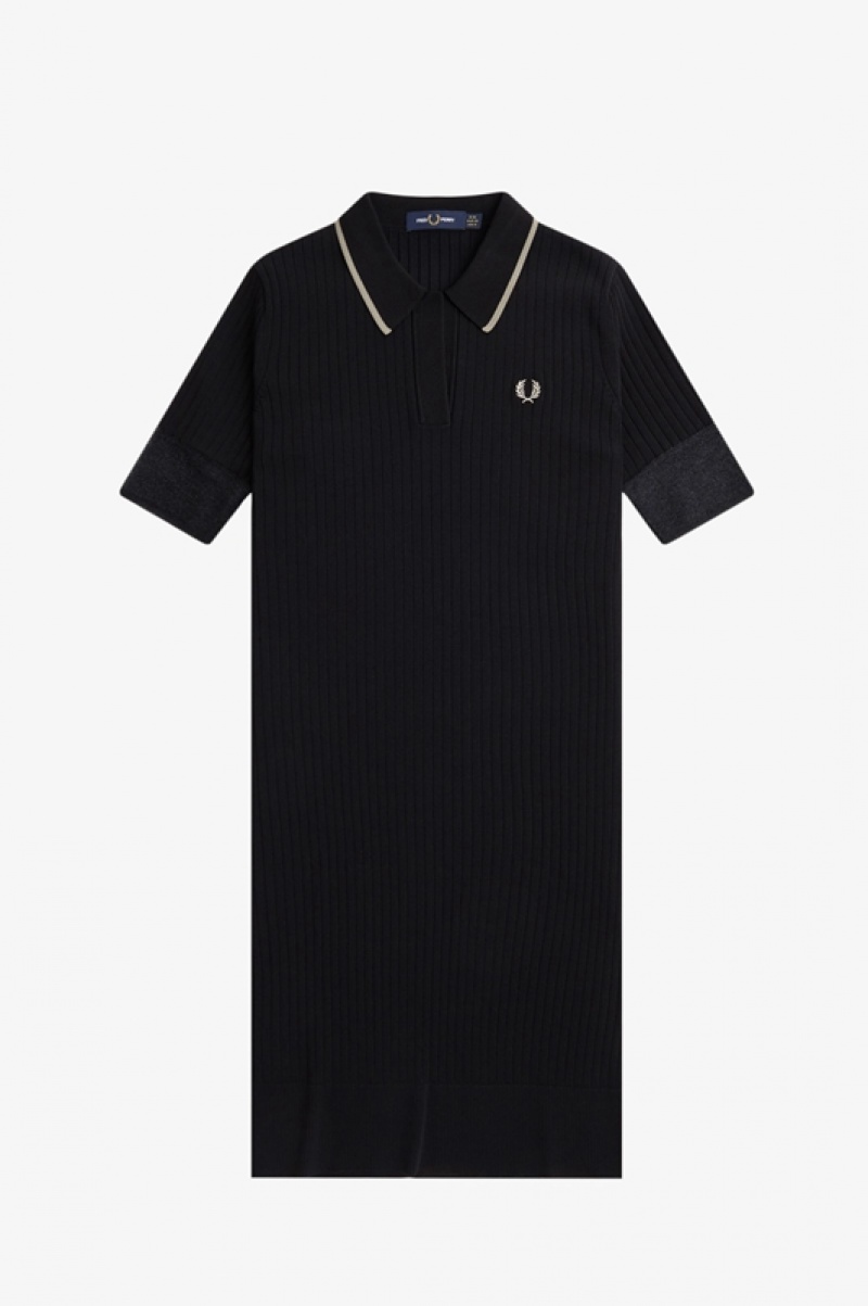 Fred Perry Sheer Trim Knitted Women's Dress Black | WXR-892103