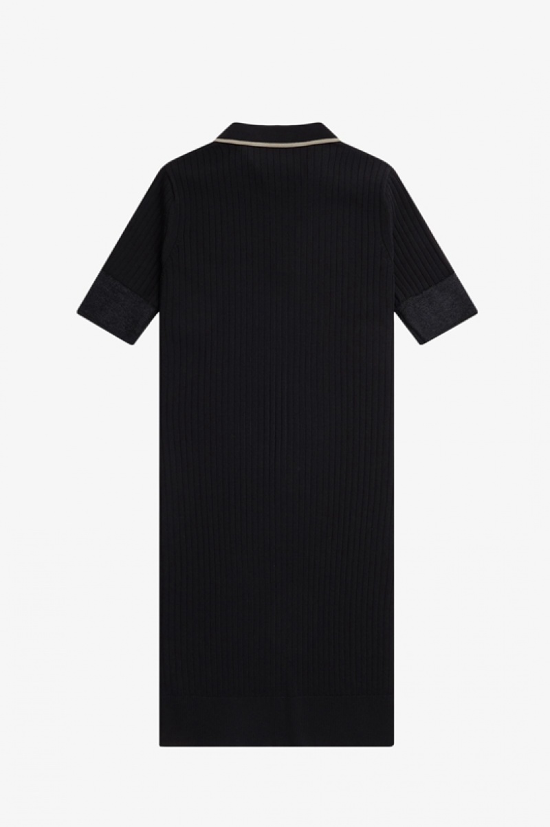 Fred Perry Sheer Trim Knitted Women's Dress Black | WXR-892103