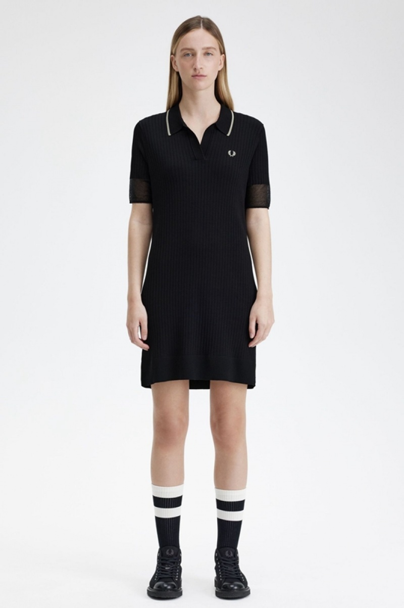 Fred Perry Sheer Trim Knitted Women\'s Dress Black | WXR-892103