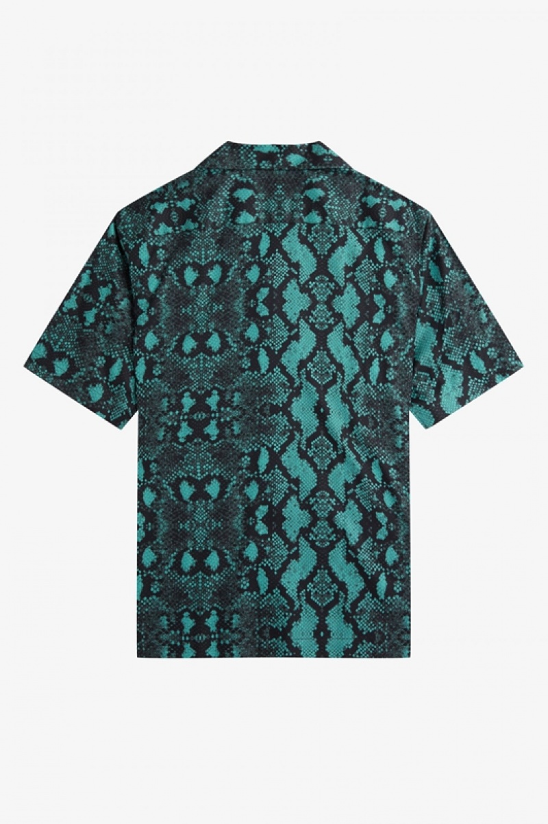 Fred Perry Snake Print Revere Collar Men's Shirts Deep Mint | MCY-837124