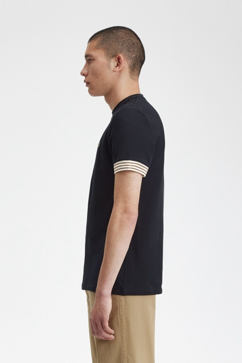 Fred Perry Striped Cuff Men's T Shirts Black | IUF-032648