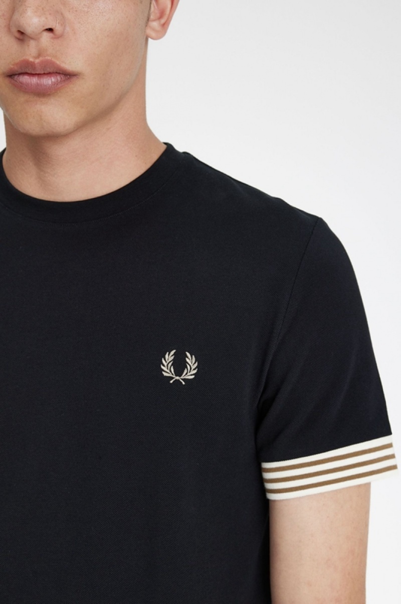 Fred Perry Striped Cuff Men's T Shirts Black | IUF-032648