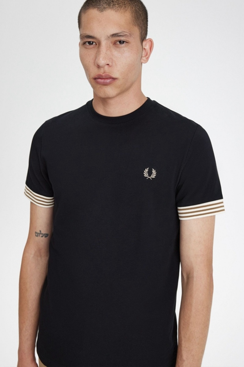 Fred Perry Striped Cuff Men's T Shirts Black | IUF-032648