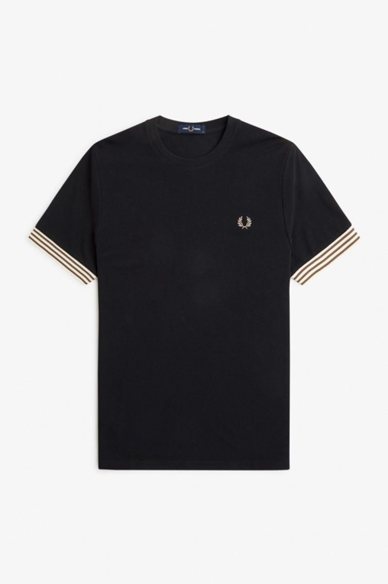 Fred Perry Striped Cuff Men's T Shirts Black | IUF-032648