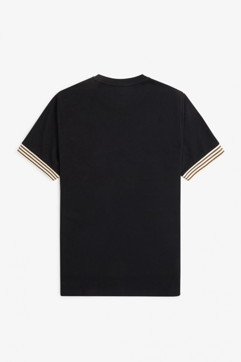 Fred Perry Striped Cuff Men's T Shirts Black | IUF-032648