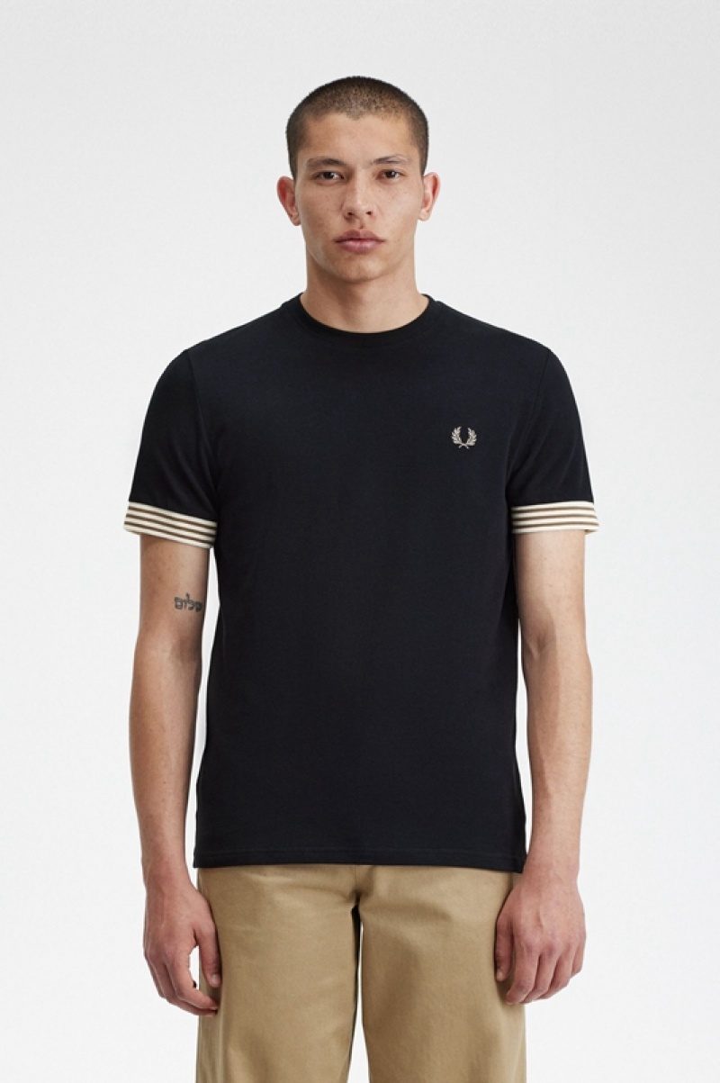 Fred Perry Striped Cuff Men\'s T Shirts Black | IUF-032648