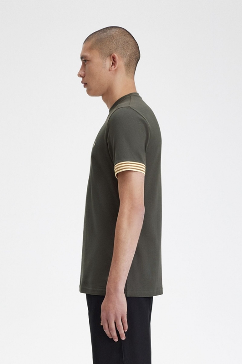 Fred Perry Striped Cuff Men's T Shirts Green | UTP-042318