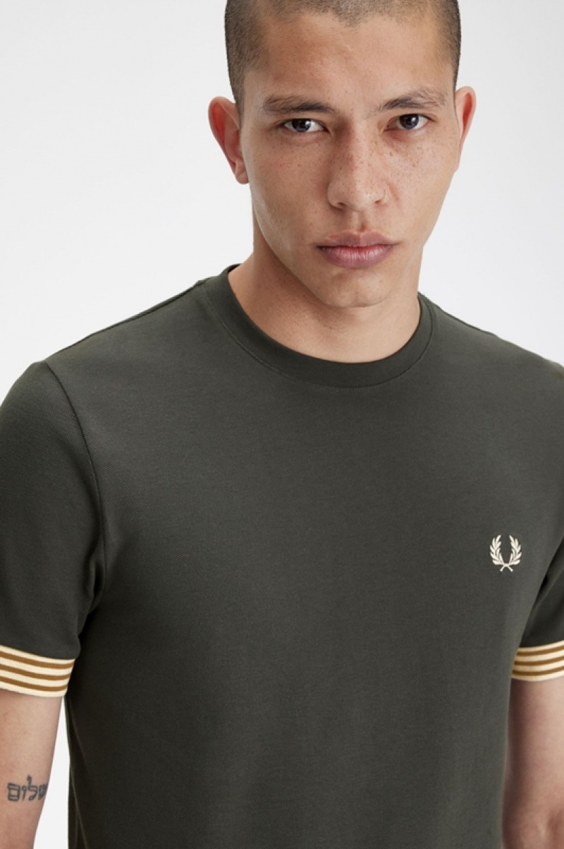 Fred Perry Striped Cuff Men's T Shirts Green | UTP-042318