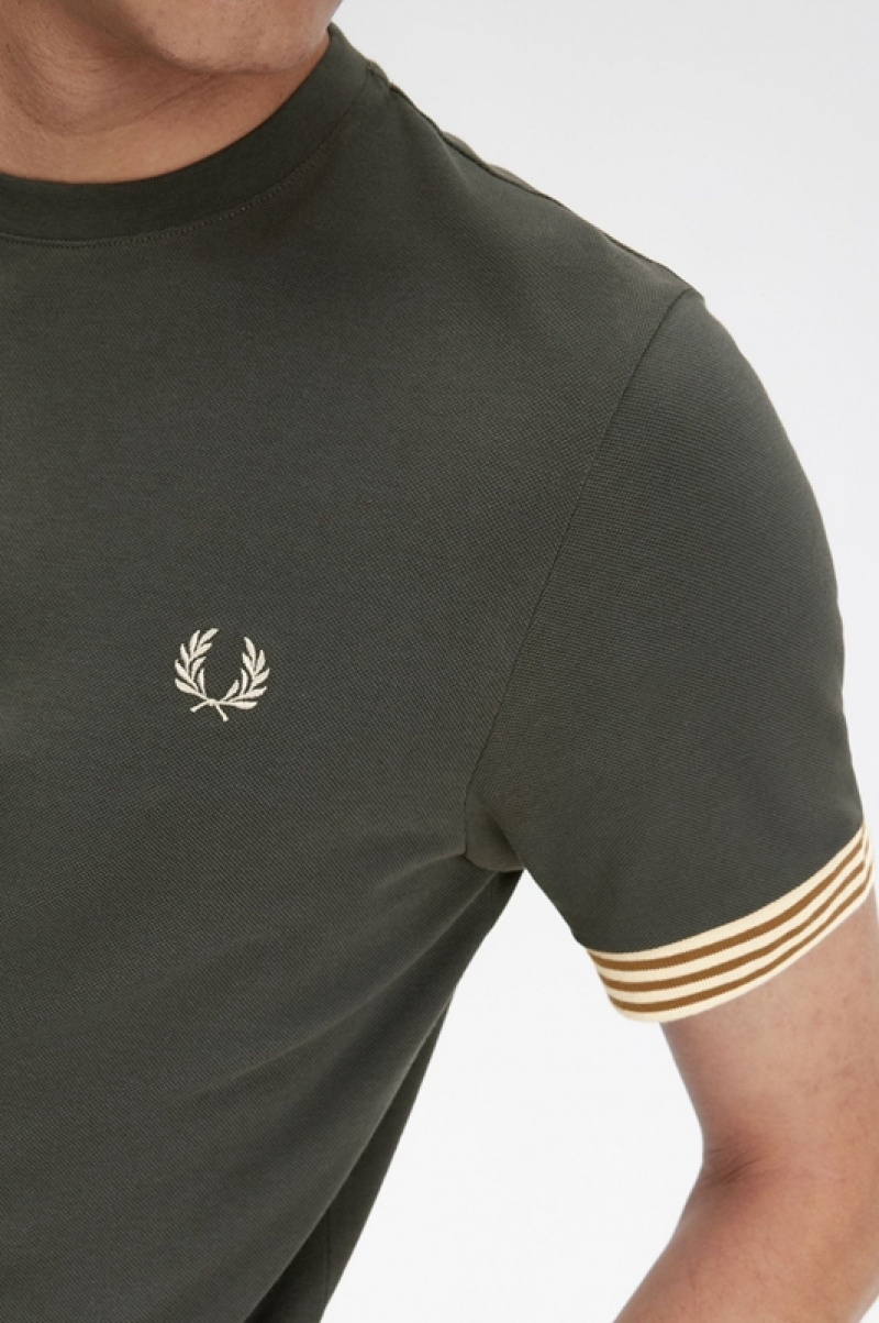 Fred Perry Striped Cuff Men's T Shirts Green | UTP-042318