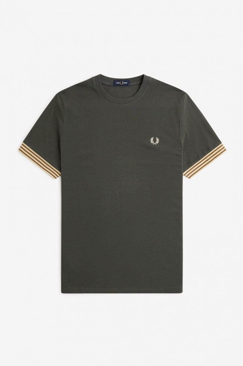 Fred Perry Striped Cuff Men's T Shirts Green | UTP-042318