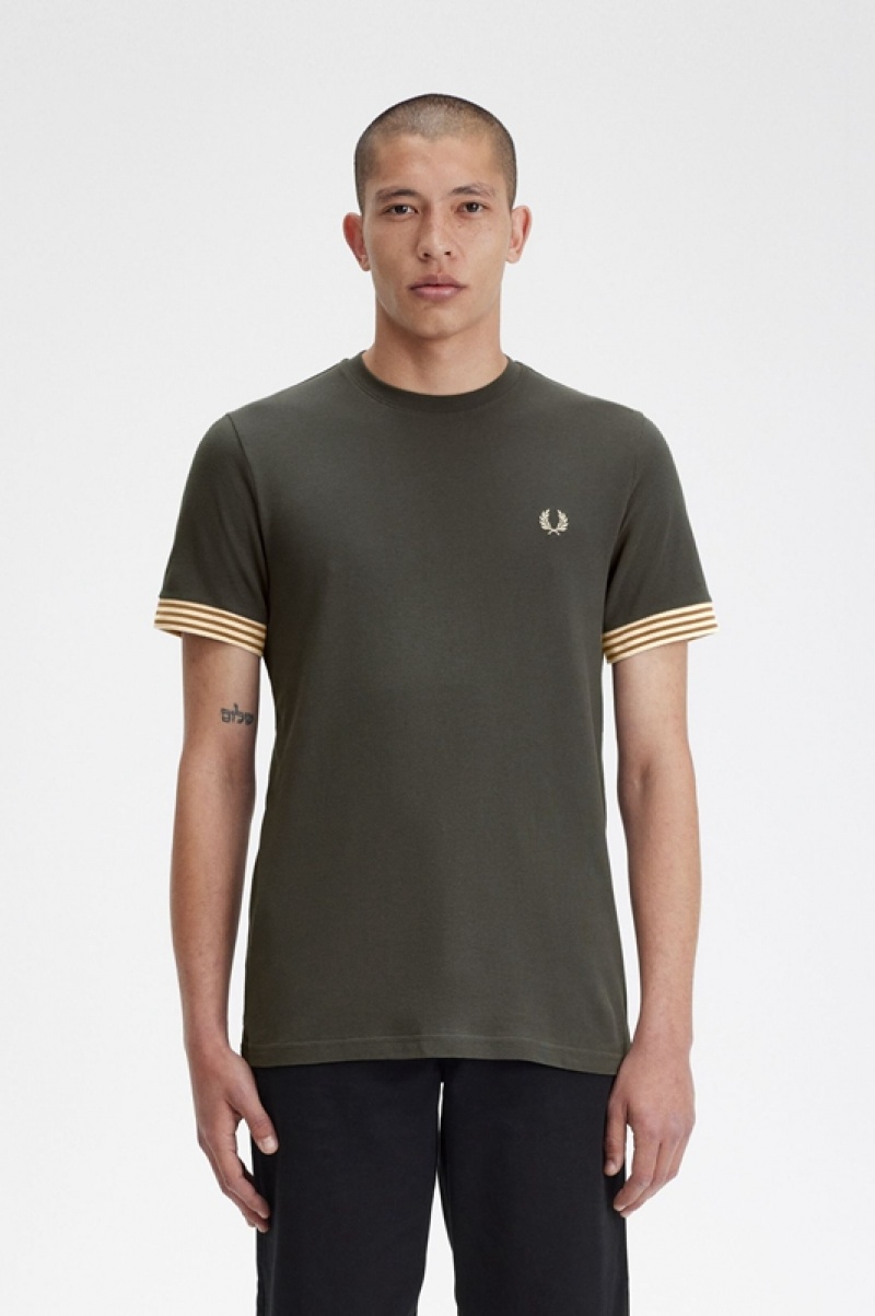 Fred Perry Striped Cuff Men\'s T Shirts Green | UTP-042318