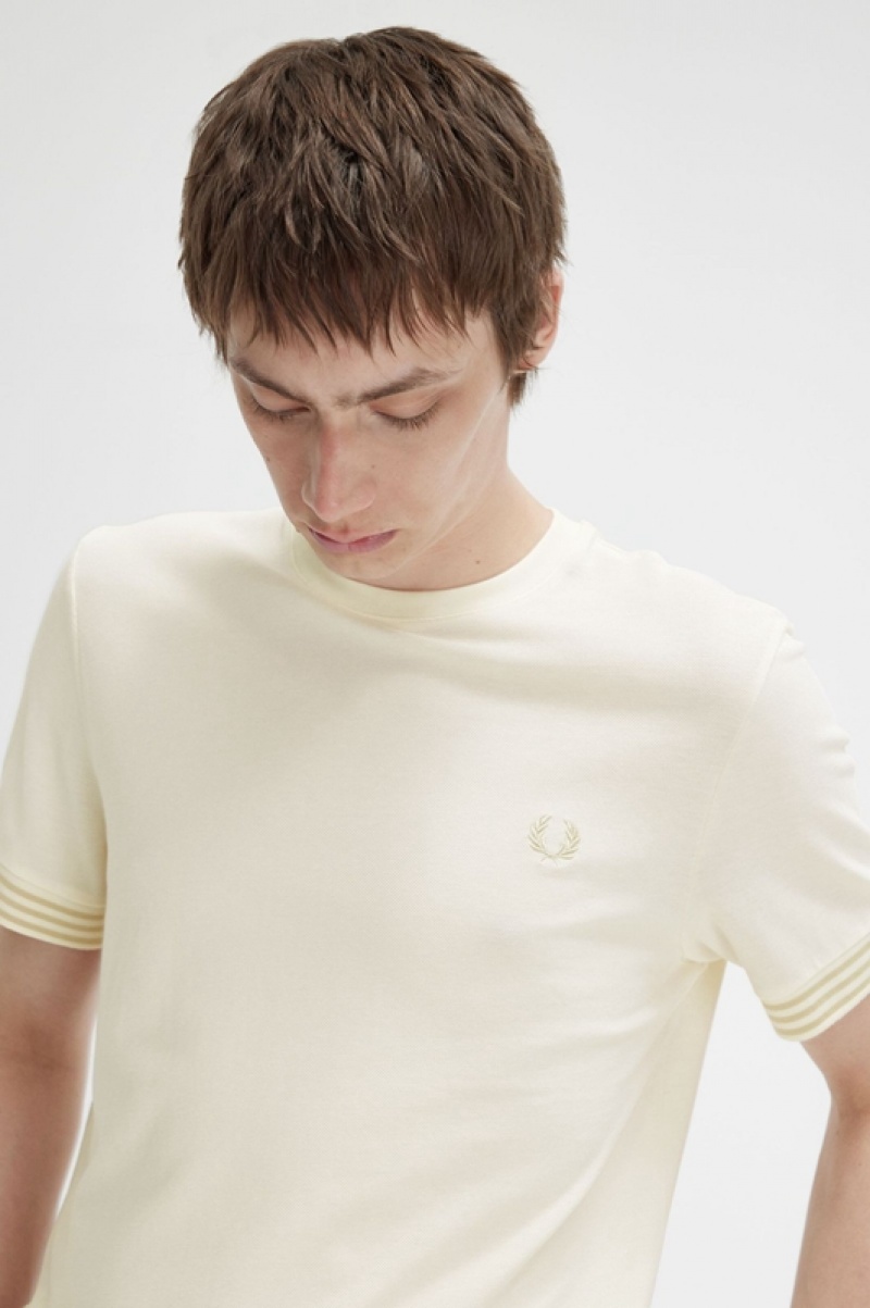 Fred Perry Striped Cuff Men's T Shirts White | CTN-647283