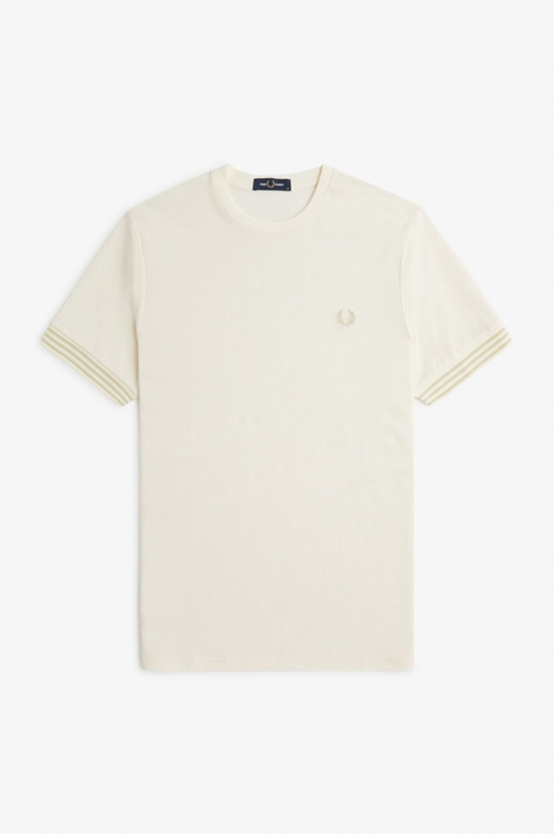 Fred Perry Striped Cuff Men's T Shirts White | CTN-647283