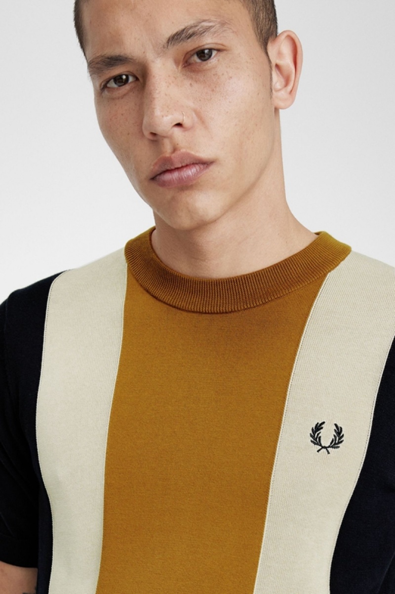 Fred Perry Striped Fine Knit Men's T Shirts Black | OGS-935104