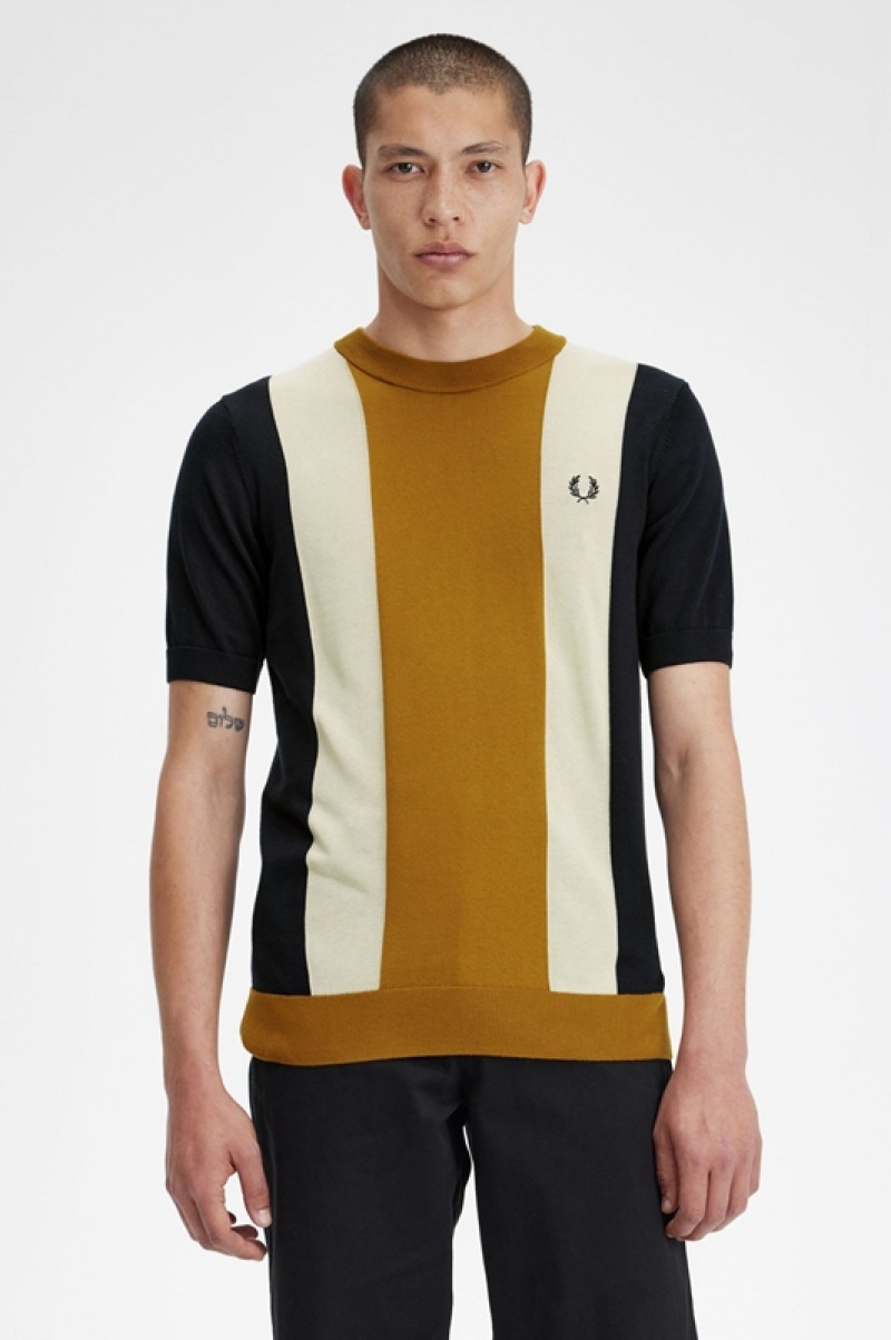 Fred Perry Striped Fine Knit Men's T Shirts Black | OGS-935104