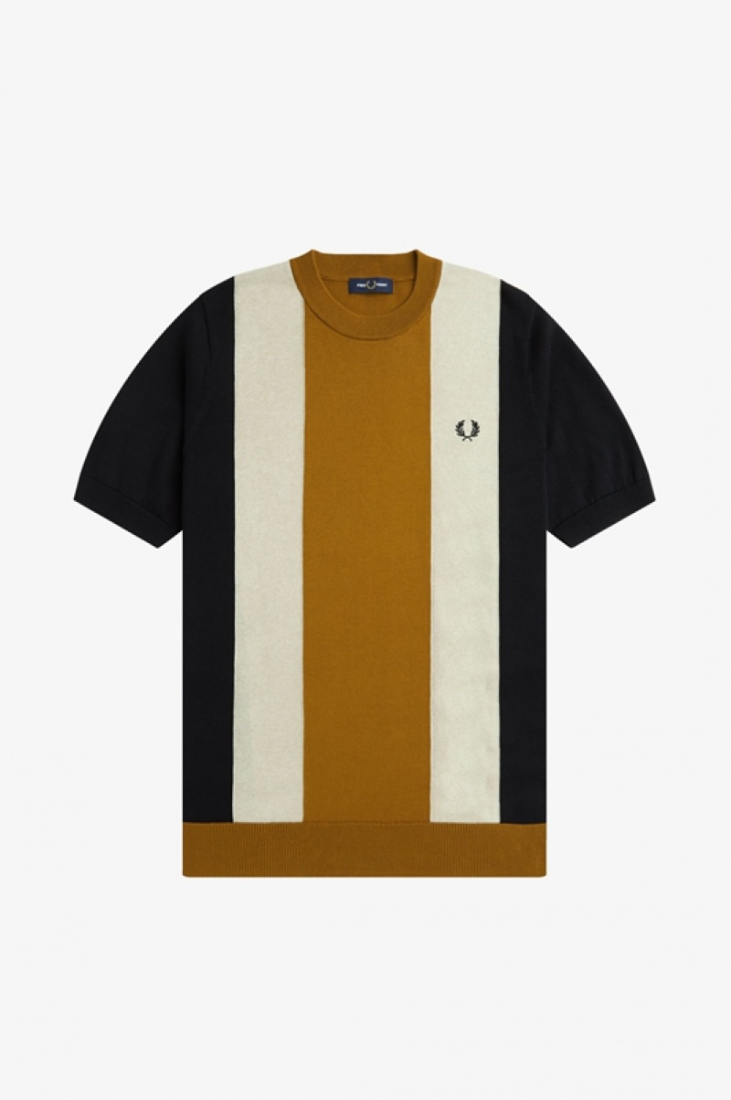 Fred Perry Striped Fine Knit Men's T Shirts Black | OGS-935104